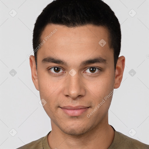 Joyful white young-adult male with short  black hair and brown eyes