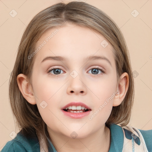 Joyful white child female with medium  brown hair and blue eyes