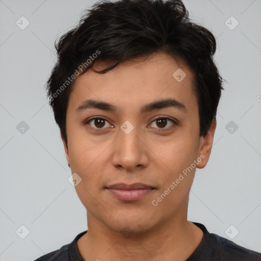 Joyful latino young-adult male with short  black hair and brown eyes