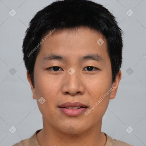 Neutral asian young-adult male with short  black hair and brown eyes