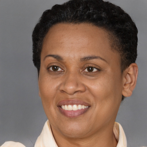Joyful latino adult female with short  brown hair and brown eyes