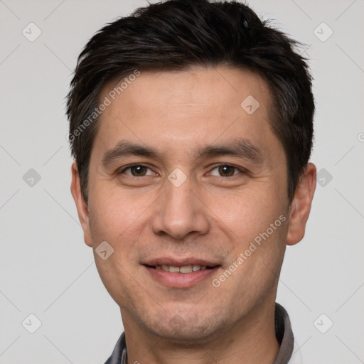 Joyful white adult male with short  brown hair and brown eyes