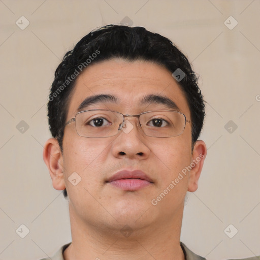 Neutral asian young-adult male with short  black hair and brown eyes