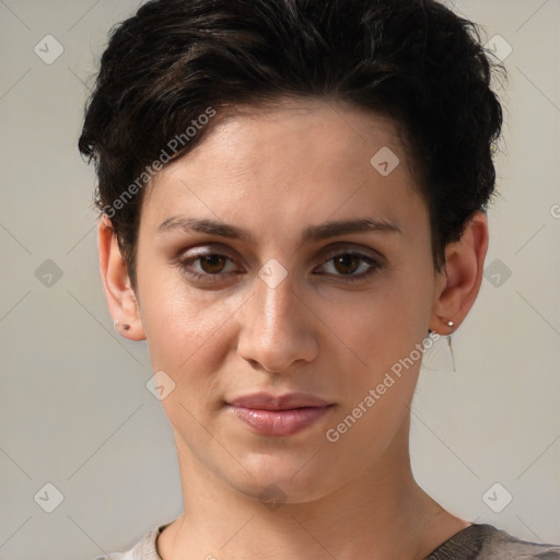 Joyful white young-adult female with short  brown hair and brown eyes