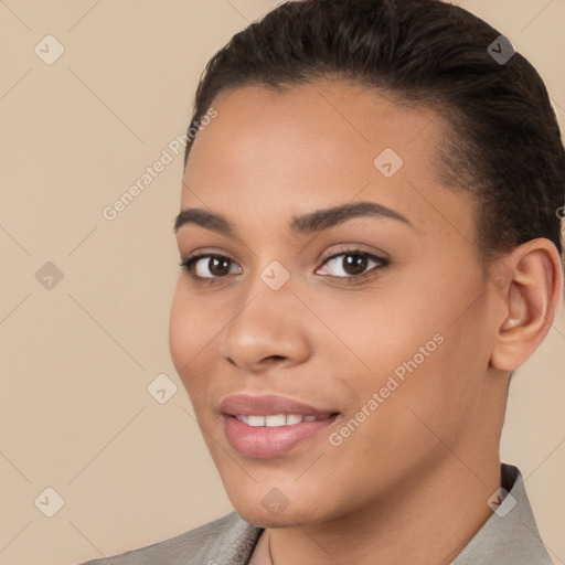 Joyful white young-adult female with short  brown hair and brown eyes