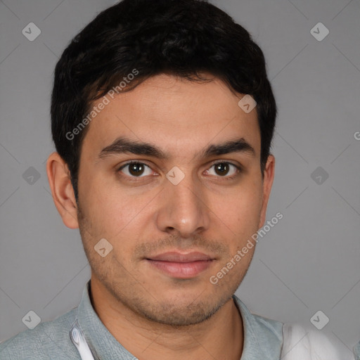 Neutral white young-adult male with short  brown hair and brown eyes