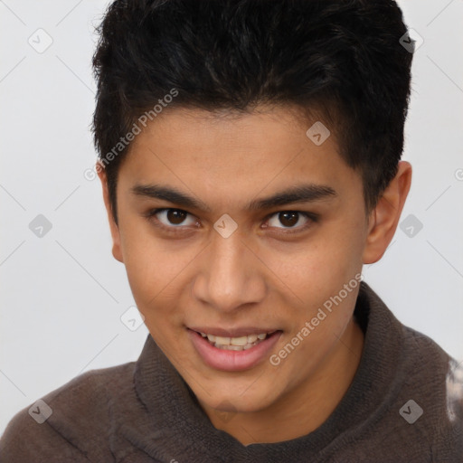 Joyful latino young-adult male with short  brown hair and brown eyes