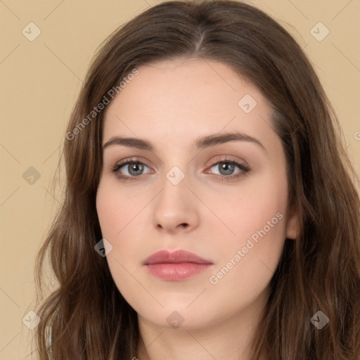 Neutral white young-adult female with long  brown hair and brown eyes