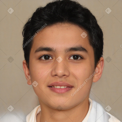 Joyful latino young-adult male with short  brown hair and brown eyes
