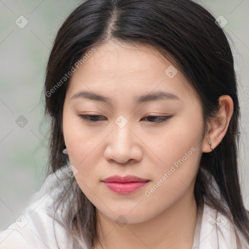 Joyful asian young-adult female with medium  brown hair and brown eyes