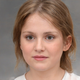 Joyful white child female with medium  brown hair and grey eyes