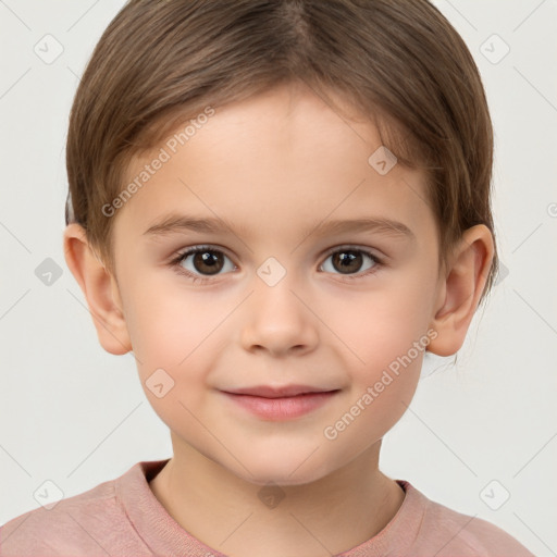 Joyful white child female with short  brown hair and brown eyes