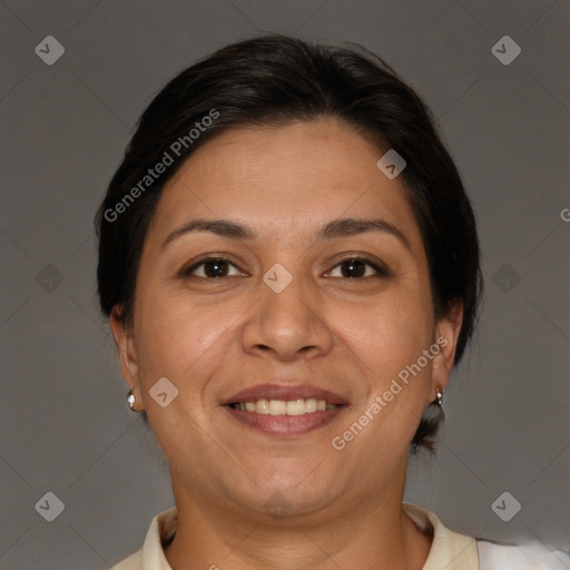 Joyful white adult female with short  brown hair and brown eyes