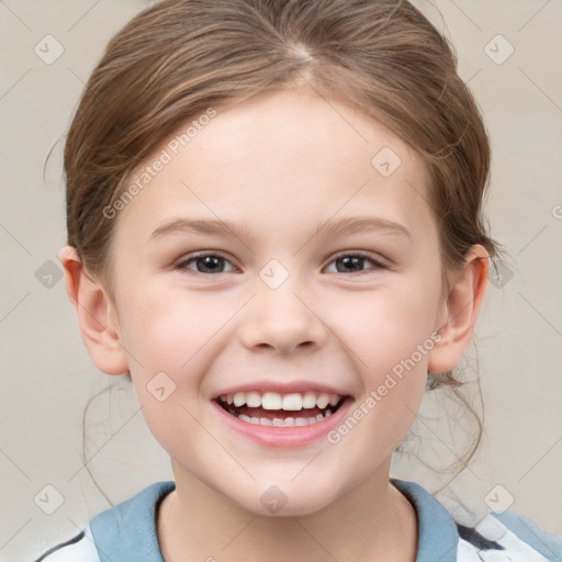 Joyful white child female with medium  brown hair and brown eyes