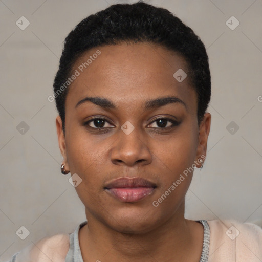 Neutral black young-adult female with short  black hair and brown eyes