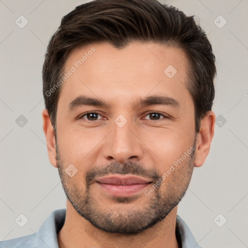 Joyful white young-adult male with short  brown hair and brown eyes