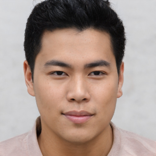 Neutral asian young-adult male with short  brown hair and brown eyes