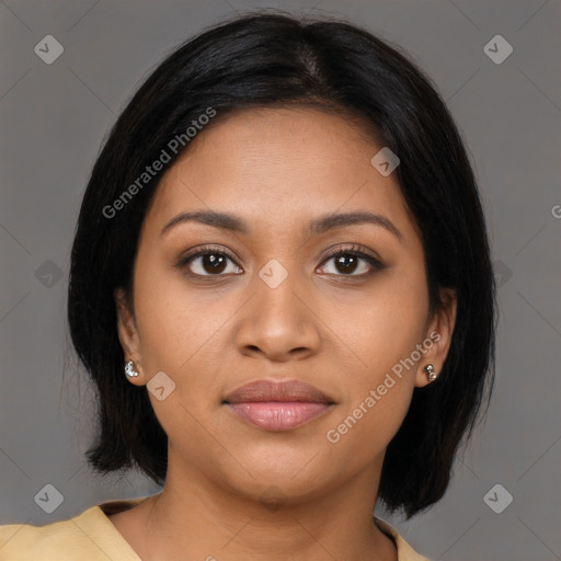 Joyful latino young-adult female with medium  black hair and brown eyes