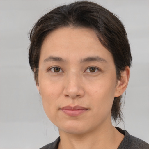 Neutral white adult female with medium  brown hair and brown eyes