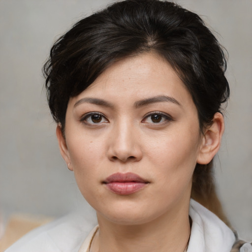 Neutral white young-adult female with medium  brown hair and brown eyes