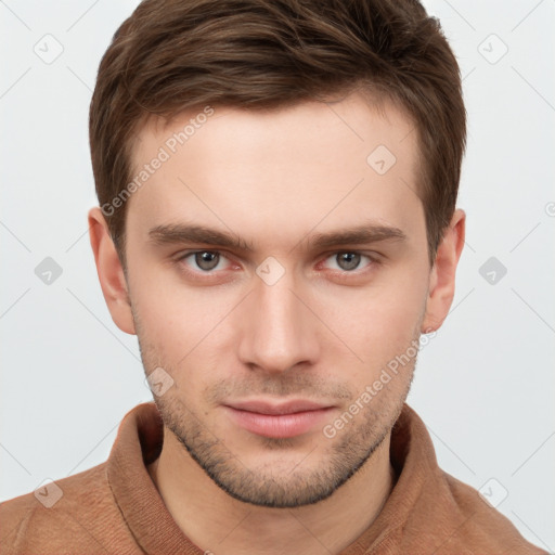 Neutral white young-adult male with short  brown hair and grey eyes