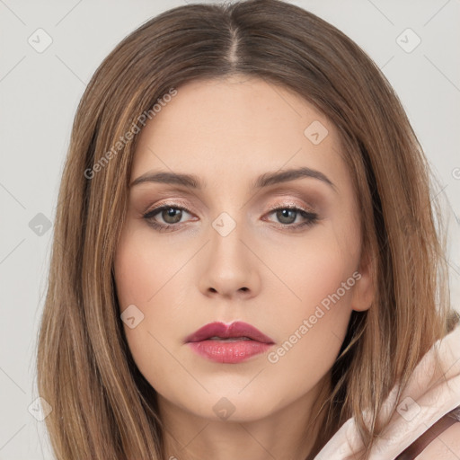 Neutral white young-adult female with long  brown hair and brown eyes