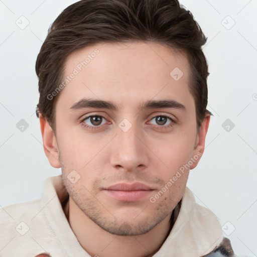 Neutral white young-adult male with short  brown hair and brown eyes