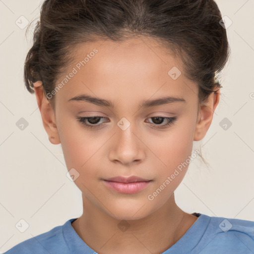 Joyful white child female with short  brown hair and brown eyes