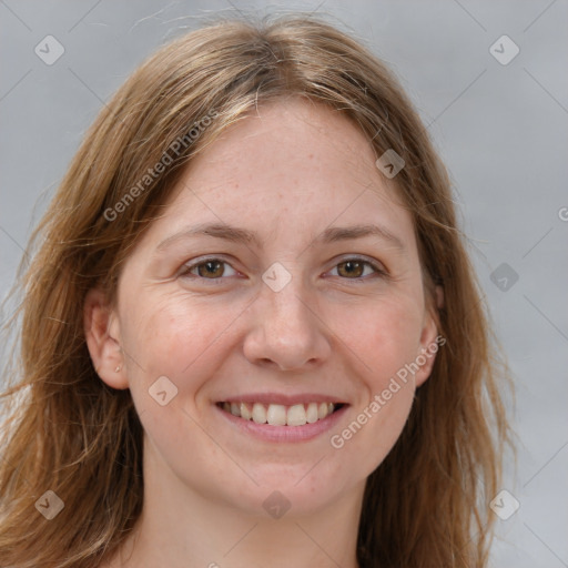 Joyful white young-adult female with long  brown hair and green eyes