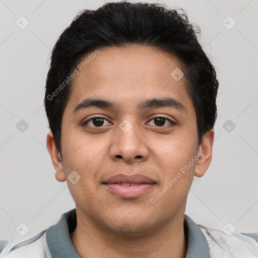 Joyful latino young-adult male with short  brown hair and brown eyes