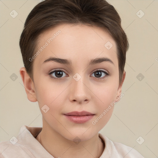 Neutral white young-adult female with short  brown hair and brown eyes