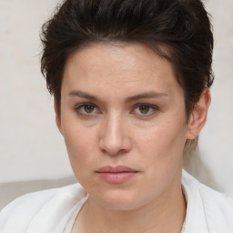 Neutral white young-adult female with short  brown hair and brown eyes