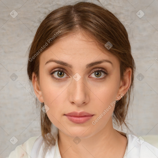 Neutral white young-adult female with medium  brown hair and brown eyes