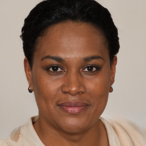 Joyful black adult female with short  black hair and brown eyes