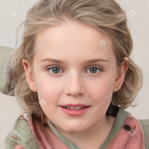 Joyful white child female with medium  brown hair and blue eyes