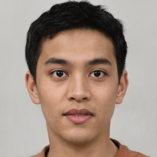 Neutral asian young-adult male with short  black hair and brown eyes
