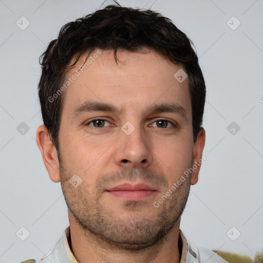 Neutral white young-adult male with short  brown hair and brown eyes