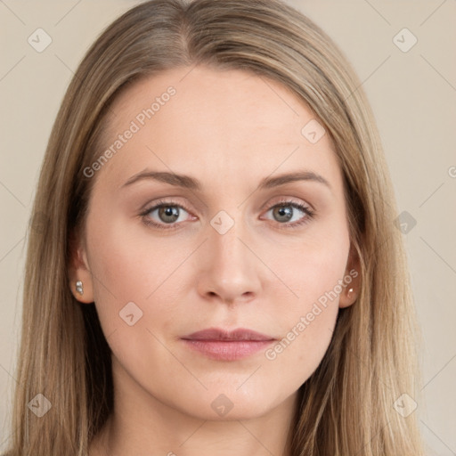 Neutral white young-adult female with long  brown hair and grey eyes