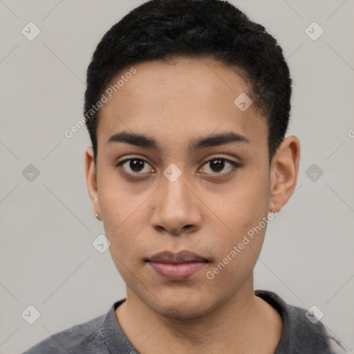 Neutral latino young-adult male with short  black hair and brown eyes