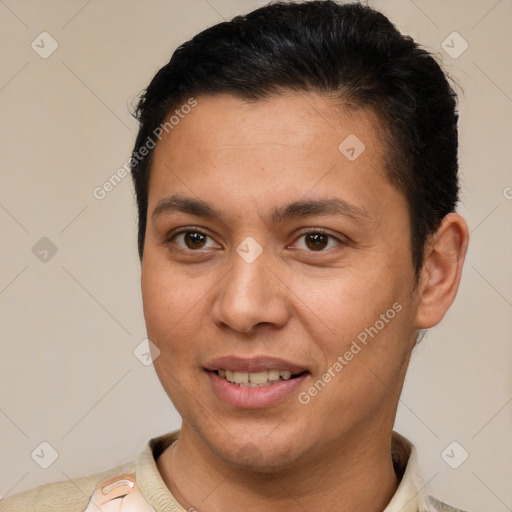 Joyful white young-adult female with short  brown hair and brown eyes