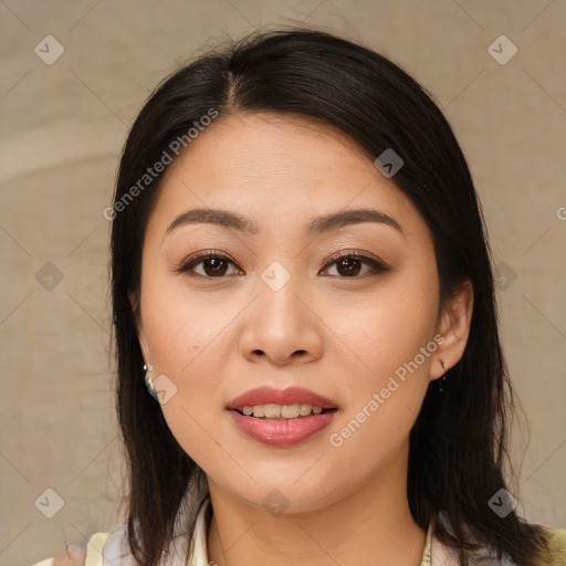 Joyful white young-adult female with medium  brown hair and brown eyes