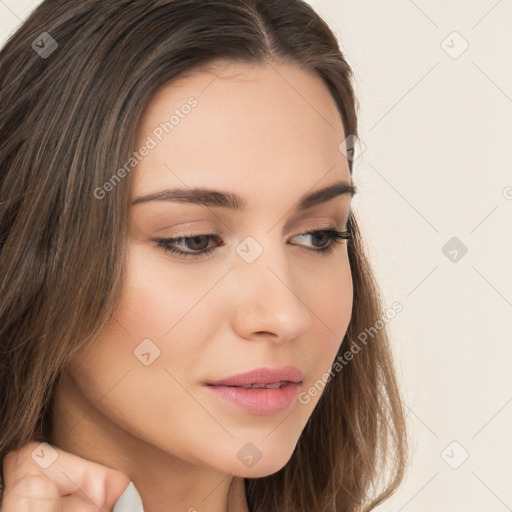 Neutral white young-adult female with long  brown hair and brown eyes