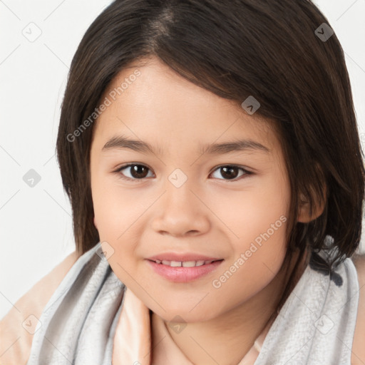 Joyful white child female with medium  brown hair and brown eyes