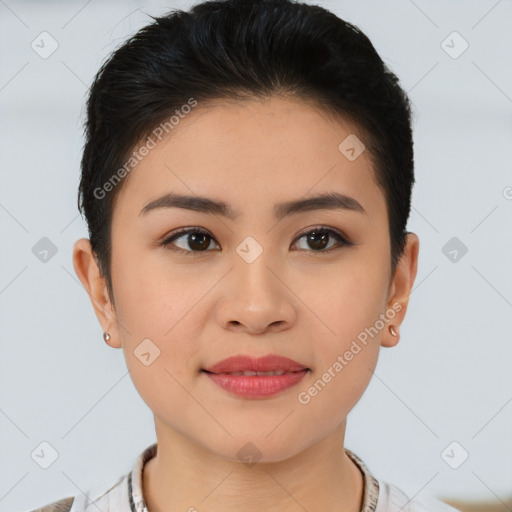 Joyful asian young-adult female with short  brown hair and brown eyes