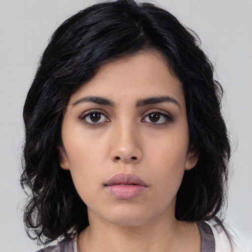 Neutral asian young-adult female with medium  black hair and brown eyes
