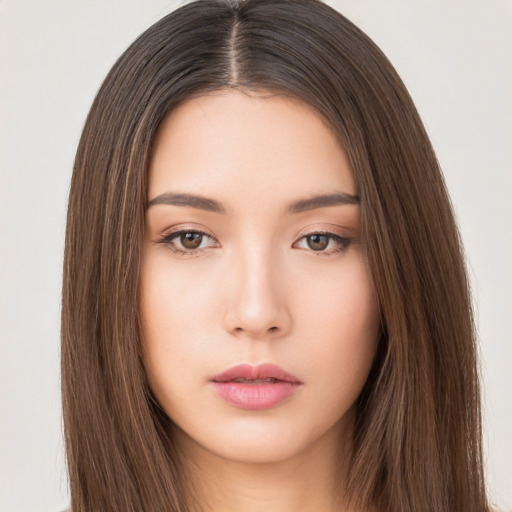 Neutral asian young-adult female with long  brown hair and brown eyes