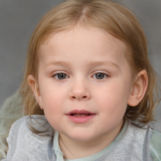 Neutral white child female with medium  brown hair and blue eyes