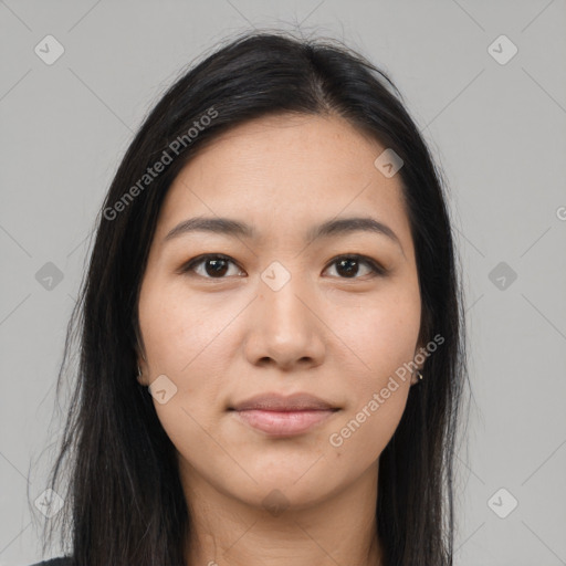 Joyful asian young-adult female with long  brown hair and brown eyes