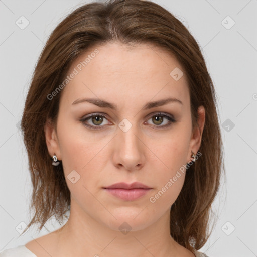 Neutral white young-adult female with medium  brown hair and green eyes