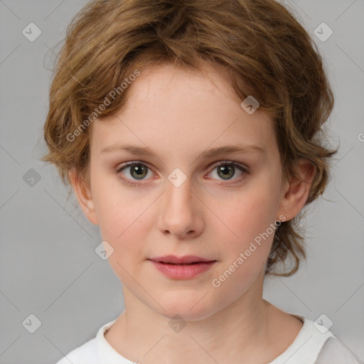 Neutral white child female with medium  brown hair and blue eyes